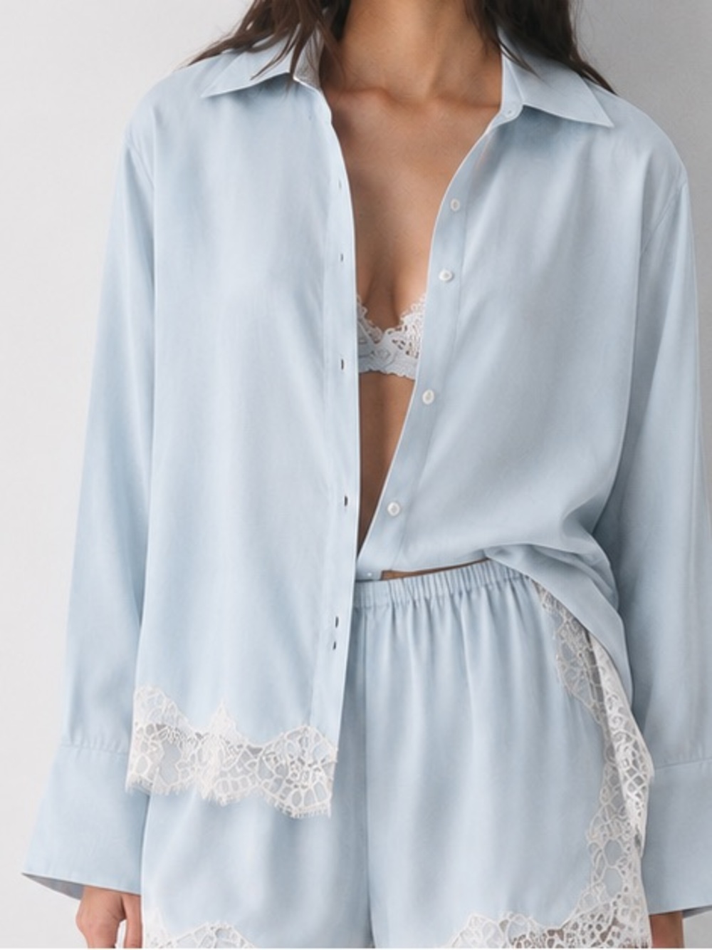 Whimsy Light Blue Lace-Trim Button Down Shirt Large Oversized
